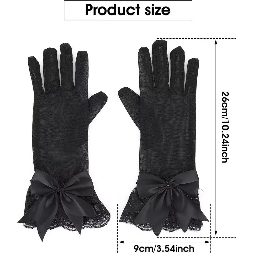 Women's Embellished Satin Black Pearl Bow Gloves Elegant Finger Accessory
